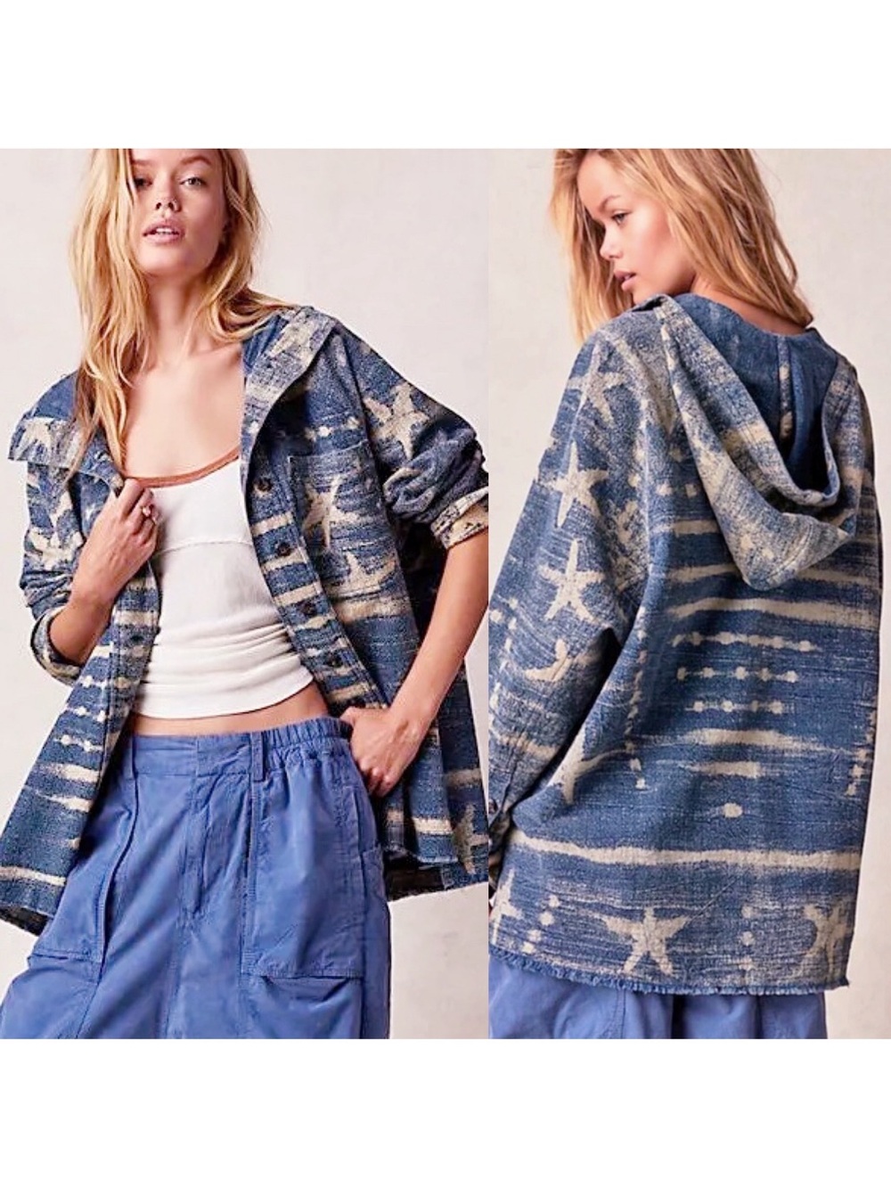 Free People We The Free Among The Star Indigo Blue Button Up Hoodie Jacket